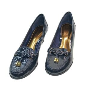 Lauren by Ralph Lauren Rory Navy Patent Leather Wedge Loafer Women Sz 8B Gold RL